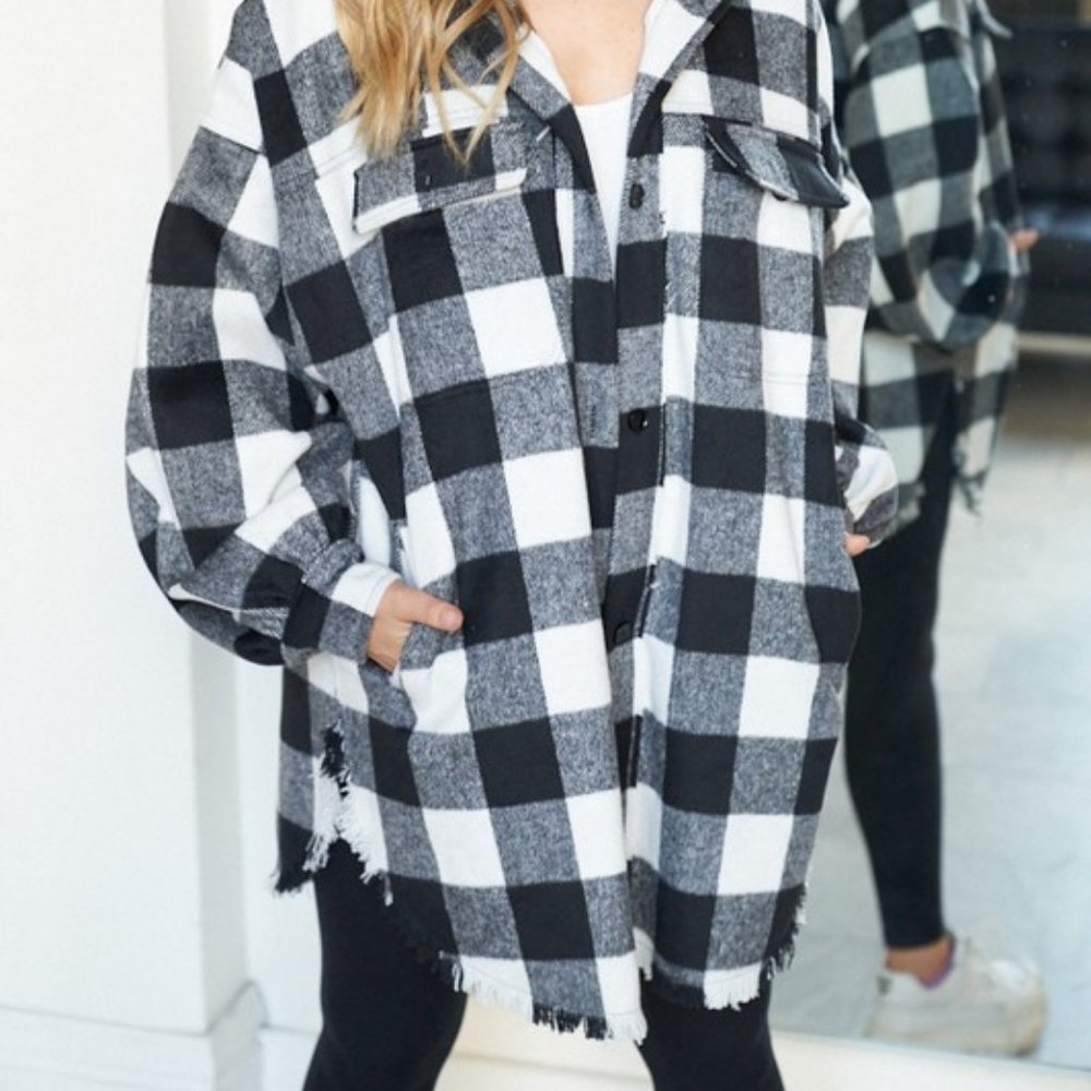 new WHITE BIRCH BUFFALO PLAID BLACK WHITE boho western SHAKET flannel SM-XXL - Picture 3 of 8